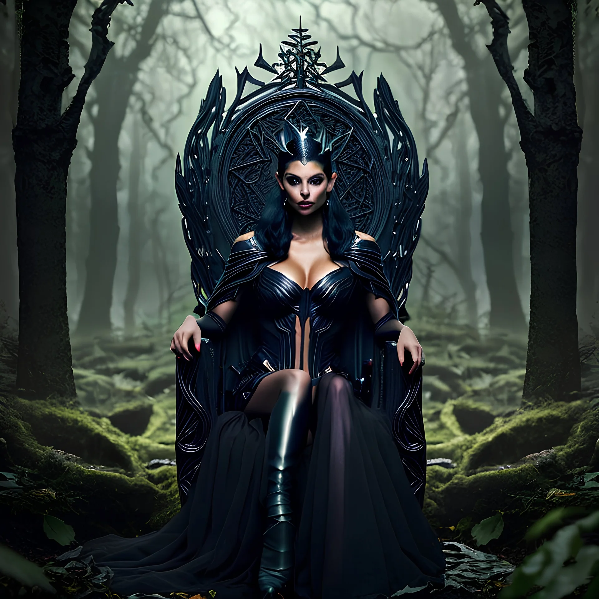 Morena Baccarin as a beautiful sexy dark elf queen seated elegantly on a throne in a mystical forest, dark celtic vignette frame, photo-realistic, cinematic lighting, award-winning photography