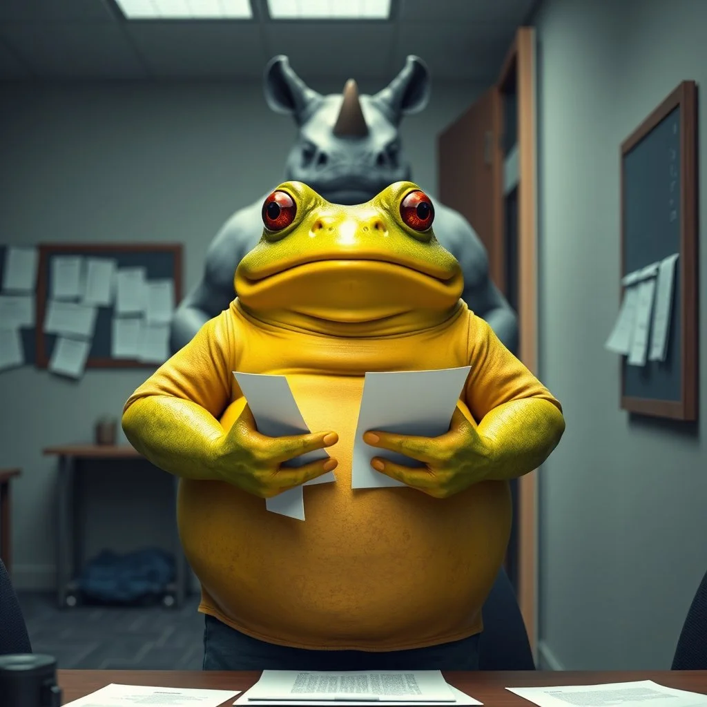 in front the camera be seen up to the waist a fat yellow-green color angry anthropomorphic frog in simple human cloths and take his hands many paper in office, on the wall hang an wall board with some written sheets of paper, behind in background an big strong anthropomorphic gray rhinoceros standing in blue jeans , t-shirt behind in halb open door , dark colors, detailed 3d, sci-fi, fantasy mood