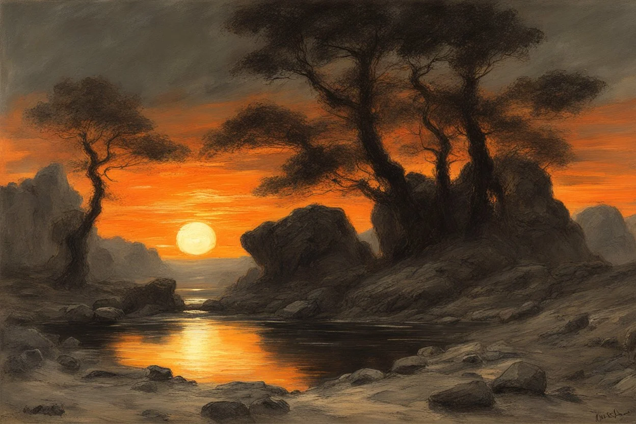 sunset, rocks, trees, dark fantasy influence, ludwig dettman, and willem maris impressionism paintings