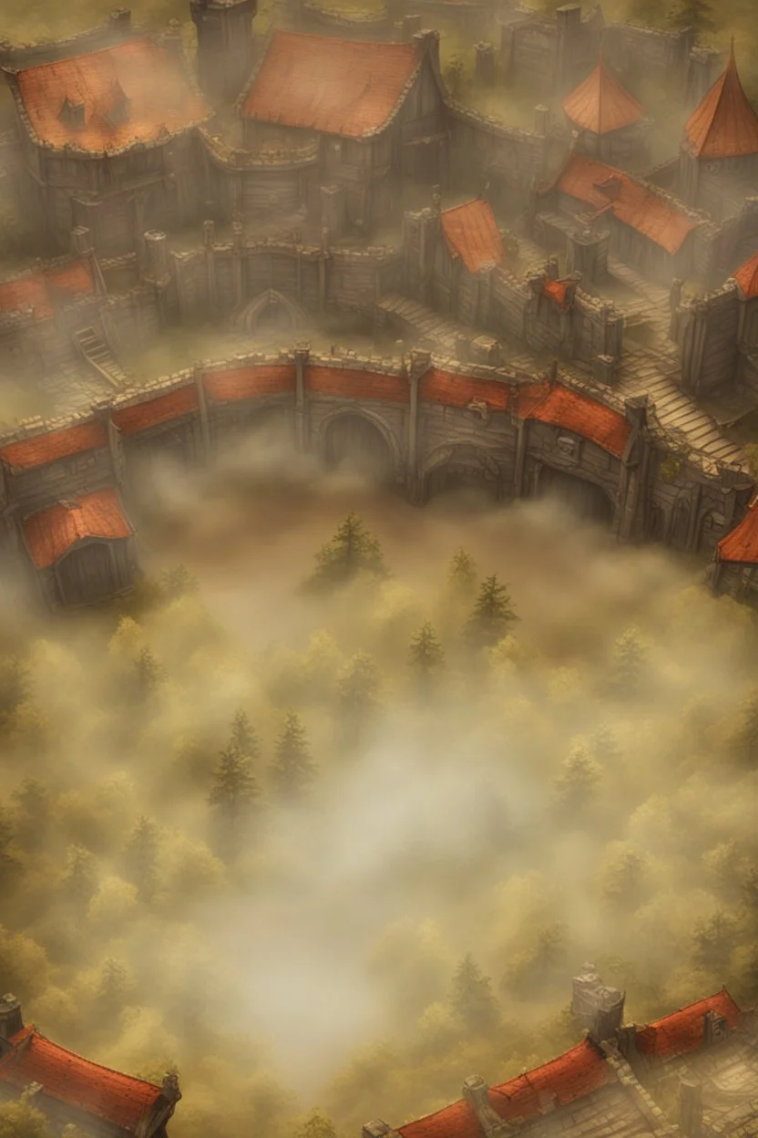 fantasy medieval fighting arena into the woods from above