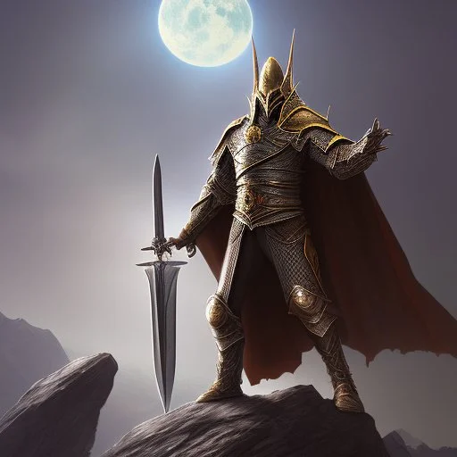 Sauron, the mighty lord of darkness, standing on a rock in the dark land of Mordor, a super-hero man of infinite power and technology of the galactic race, with a great army, a large moon disk behind him, and a fiery sword in his hand