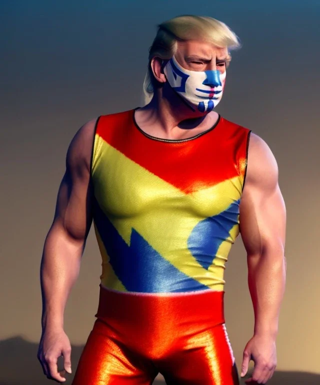 Realistic image of Donald trump wrestler, Mexican wrestling style, Mexican wrestling mask, clear nose and visible chin, red and blue breeches, glow us flag dress, suspenders, retro style, 80s, vibrant color, highly detailed, sky background, concept art, unreal engine 5, god rays, ray tracing, RTX, lumen lighting, ultra detail, volumetric lighting, 3d, finely drawn, high definition, high resolution.