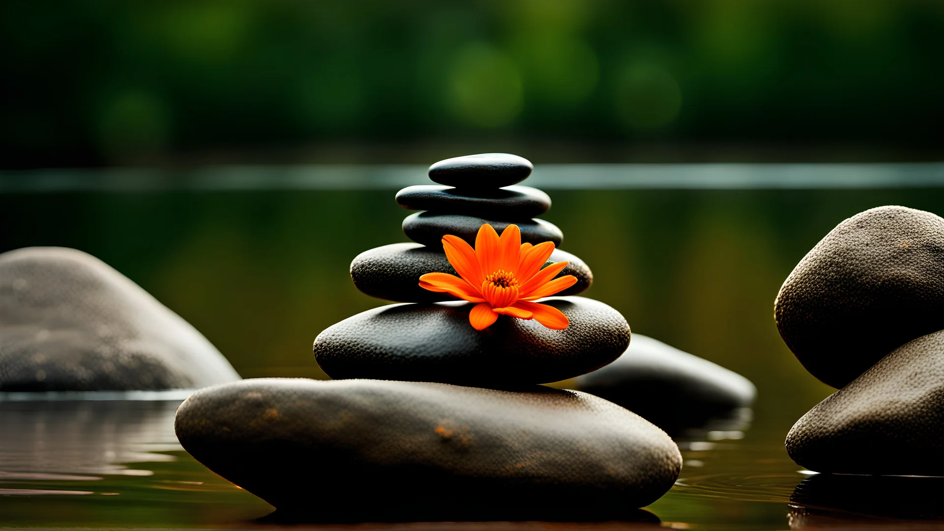 A mesmerizing composition showcasing three stacked rocks adorned with vibrant orange flowers. Inspired by Herb Aach's iconic style, this winning photograph exudes the essence of soft Zen minimalism. The balanced colors create a harmonious atmosphere against a serene, natural background. Immerse yourself in the deep spirituality evoked by this stunning art piece.