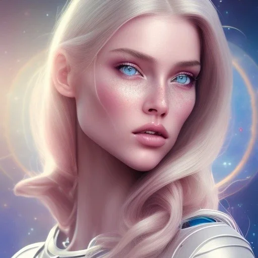 Beautyful woman,galactic , cosmic armor,hair long blond, blue eyes, happy cosmic, bright colors, blue, pink, realistic, photo real, clear sunny background, highly detailed, high contrast, 8k high definition, unreal engine 5, extremely sharp detail, light effect, sunny light background