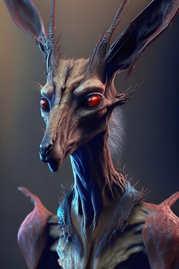 Vampire kangaroo deer humanoid fused ,realistic, intriacte detail, sci-fi fantasy style, volumetric lighting, particales,highly detailed,cinamatic, deep colours