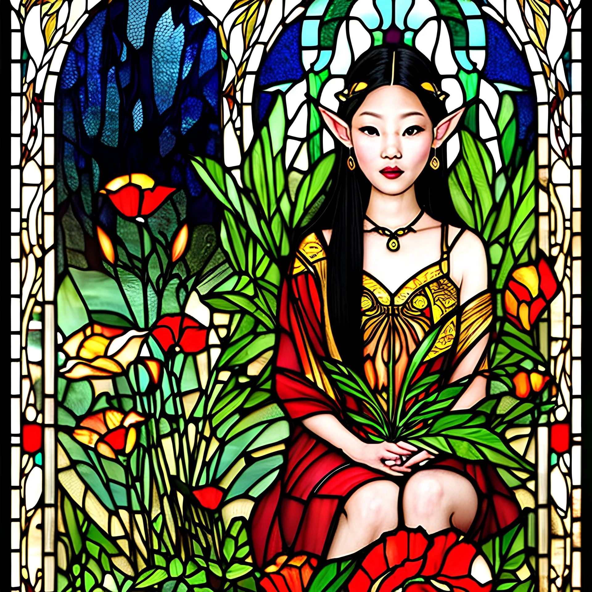 Stained Glass Art Nouveau art style A beautiful as a model asian woodland elf princess who looks like a young Lucy Liu seated on a throne surrounded by poppies and marijuana leaves in a mystical forest, photo-realistic