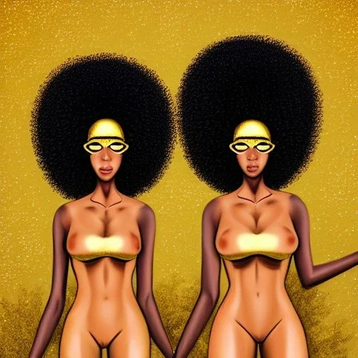 Biologically Female African American Twins, black skin, tall and slender, long afro kinky hair,big brown eyes, long eyelashes warrior wear. Big butts. Gold accents on clothing. Surround by trees. Holding golden spears. Starry night