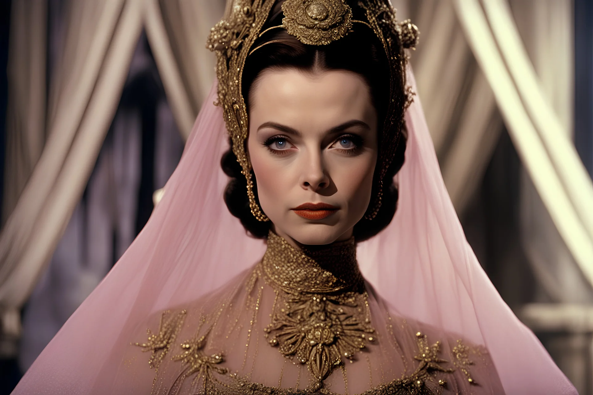 Austrian simbolism, Vivien Leigh Princess wears a Star wars Surrealist Armenian embroidered avant-gard futuristic organza mauve gold fashion, ornamental details,caravaggism, in Mario Bava movie style by Max ernst