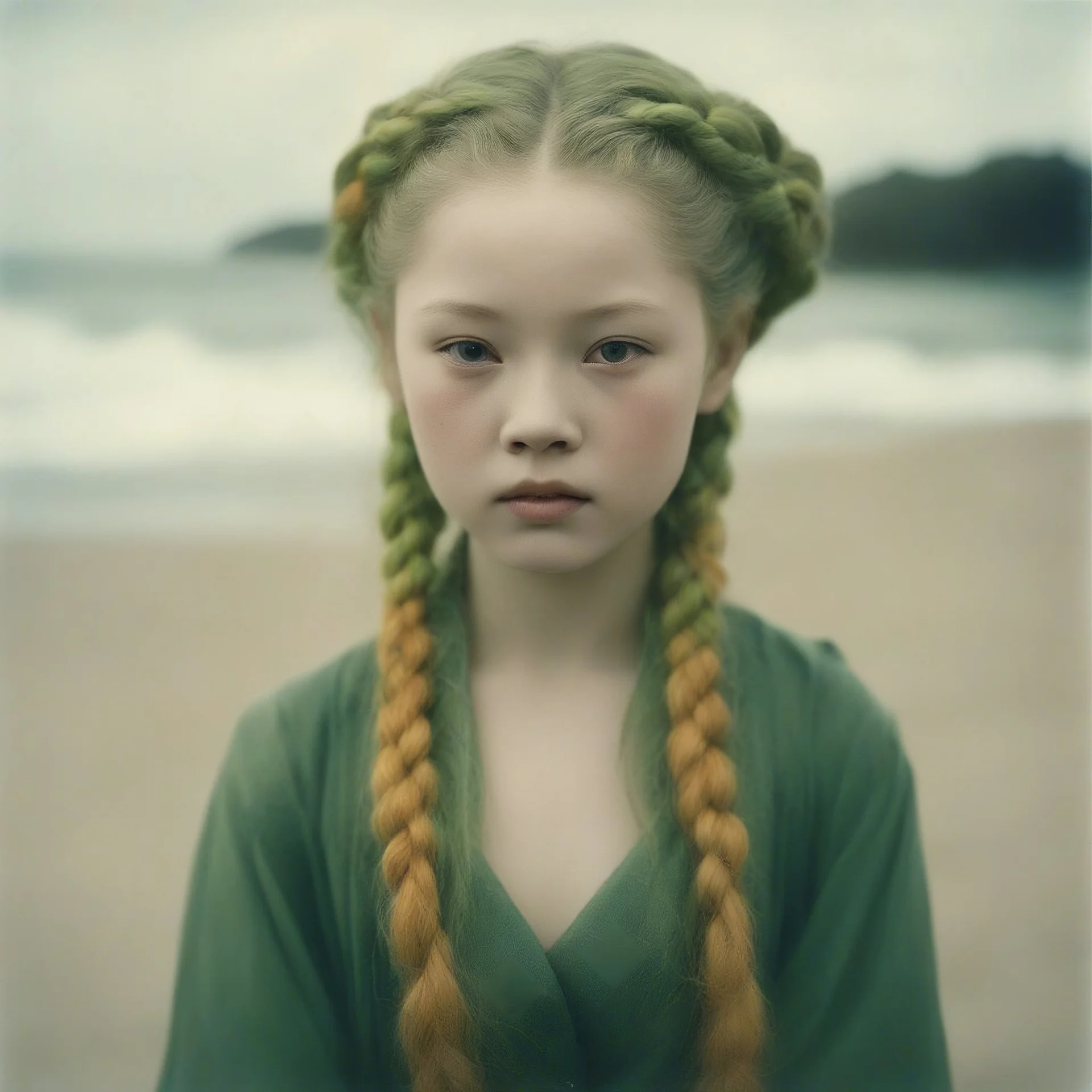 Old autochrome of devon aoki ,with orange cheeks, strange green braids. On the beach, in 1830