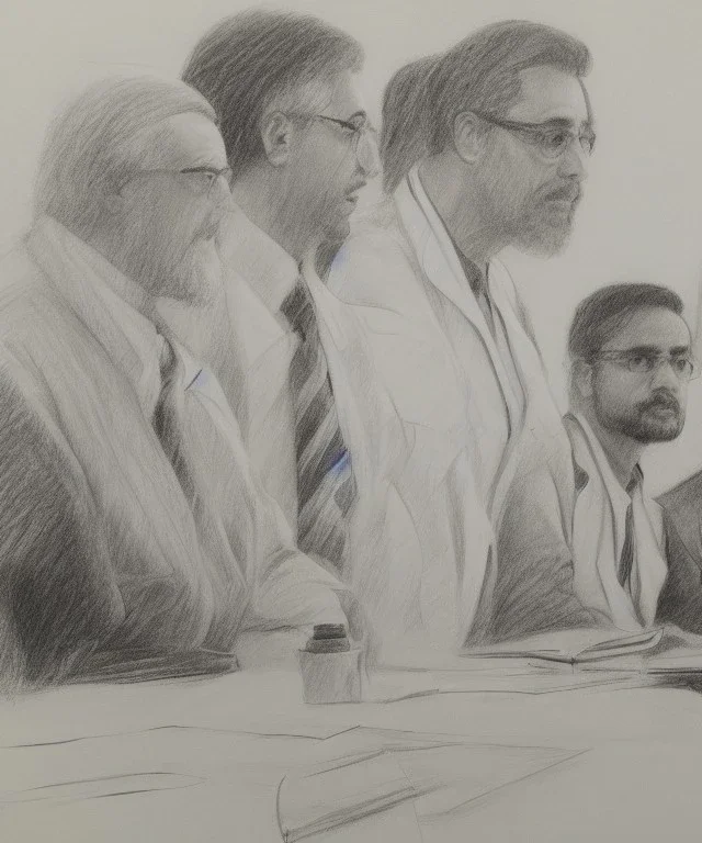 Pencil sketch of Four doctors are discussing ، on lined paper