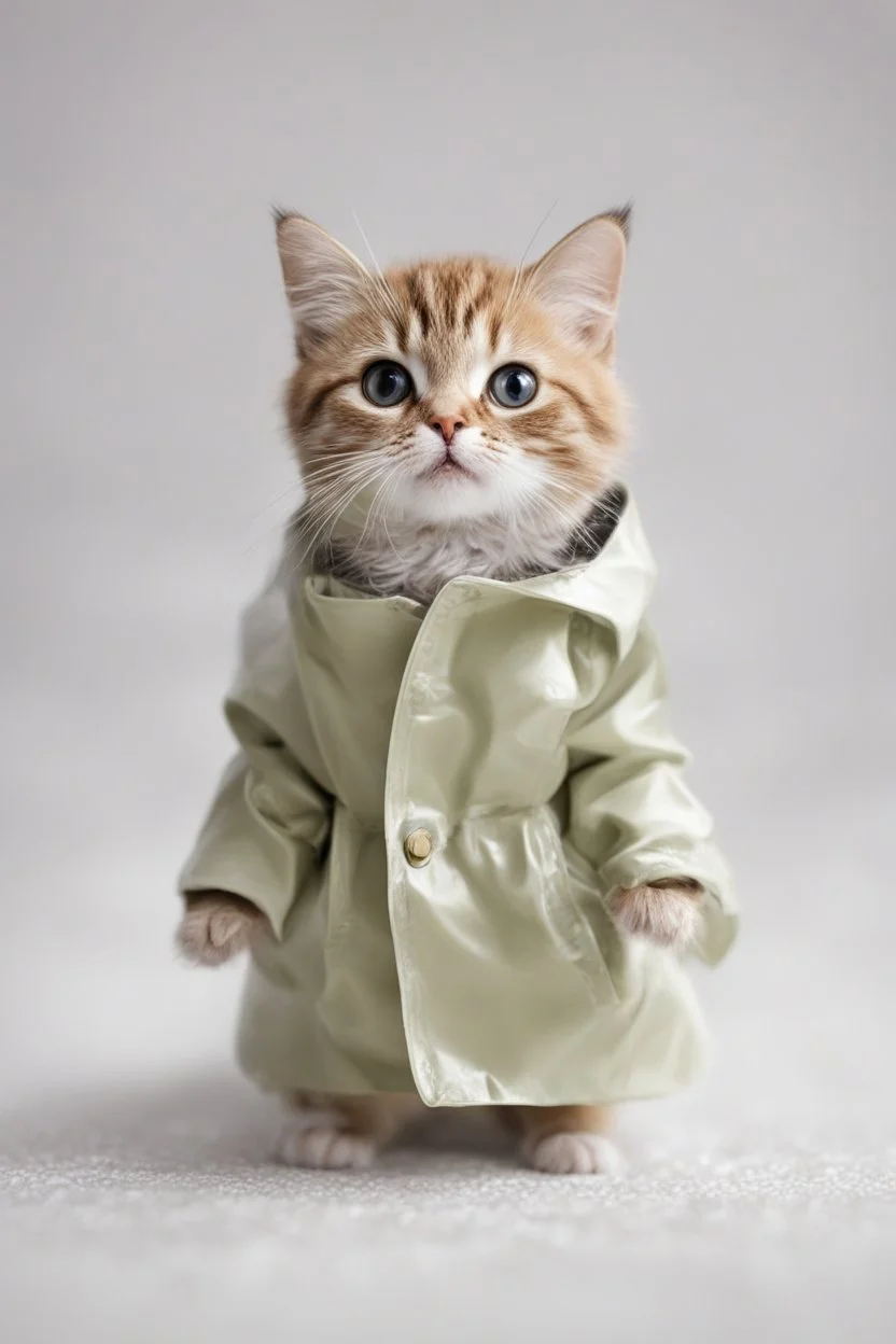 baby cat in raincoat. Chibi, Photograph, Canon DSLR, Tilt - shift, white background, high definition, Complete and coordinated composition, 8k