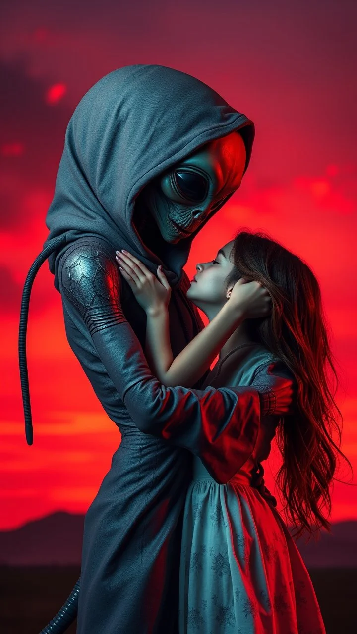 A beautiful girl hugging an ugly s hood looking alien, they are kissing each other with romantic themes background is a vivid red sky, and the lighting creates a dramatic and otherworldly atmosphere