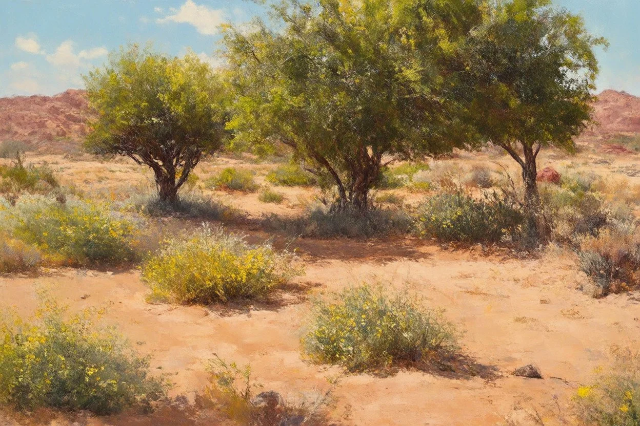 Sunny day, trees, flowers, rocks, arid land, vegetations, distant rocky mountains, sci-fi, willem maris, and otto pippel paintings