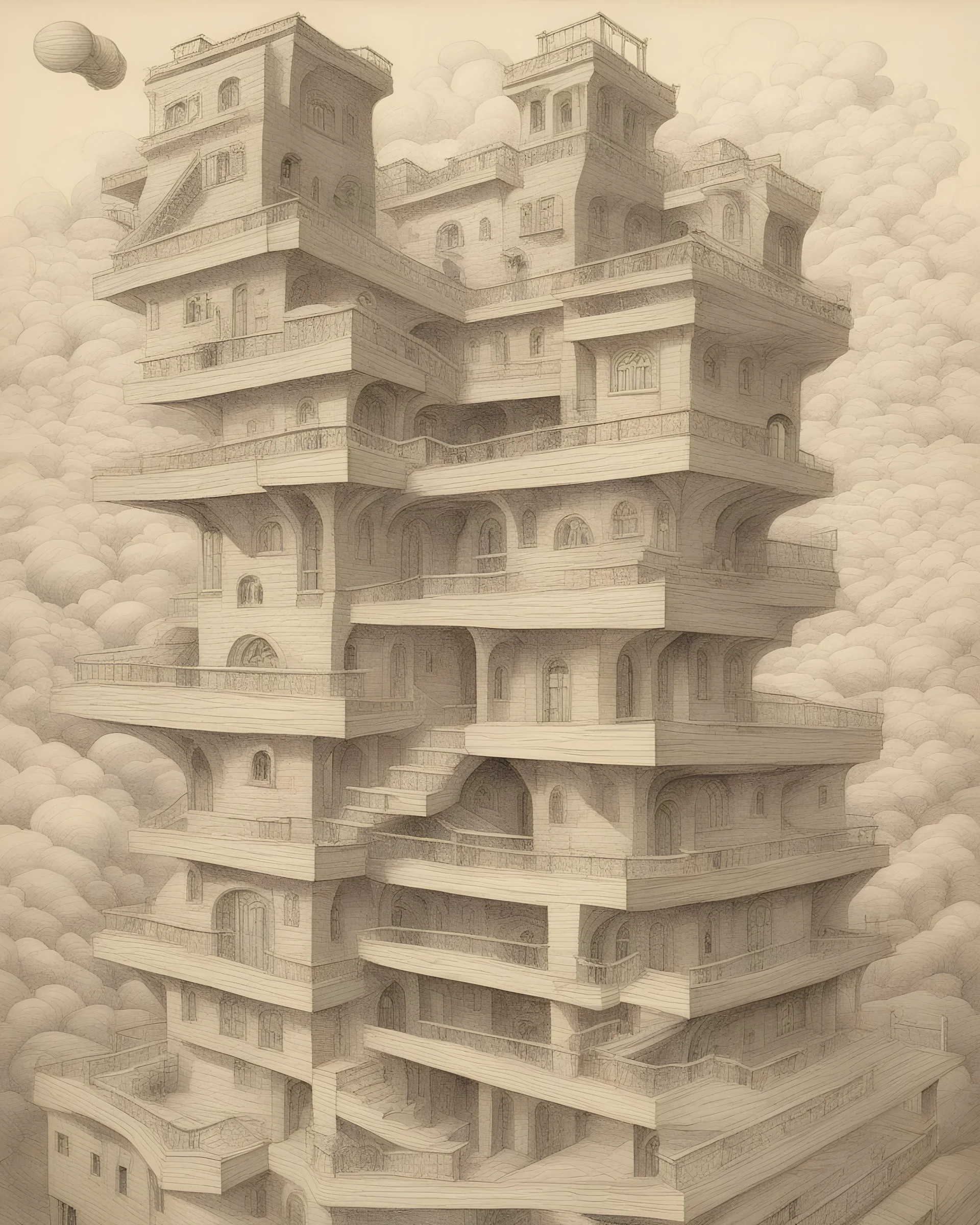 boceto borrador con lineas difusas A captivating, surrealist painting of a gravity-defying, Escher-inspired building with multiple perspectives, impossible staircases, and fantastical elements that defy the laws of physics, set within a dream-like landscape.
