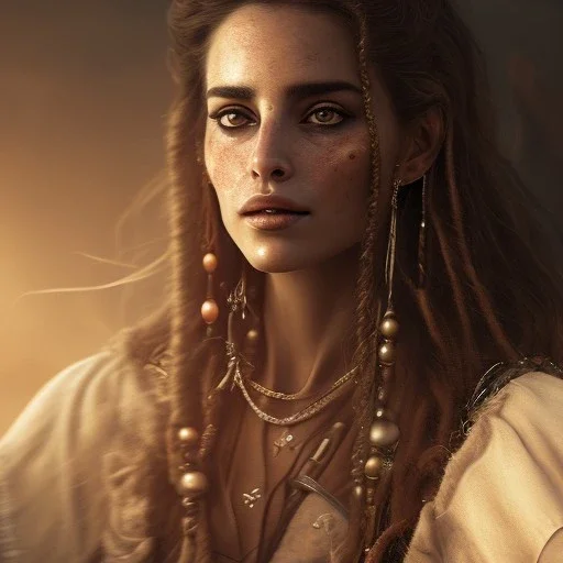 best quality, realistic lighting, masterpiece portrait of Penelope Cruz from pirates of the Caribbean, details, light dusting of freckles, shot from above, simple chain hauberk, warhammerVector art matte painting digital illustration 3D shading CryEngine Behance HD 3Delight