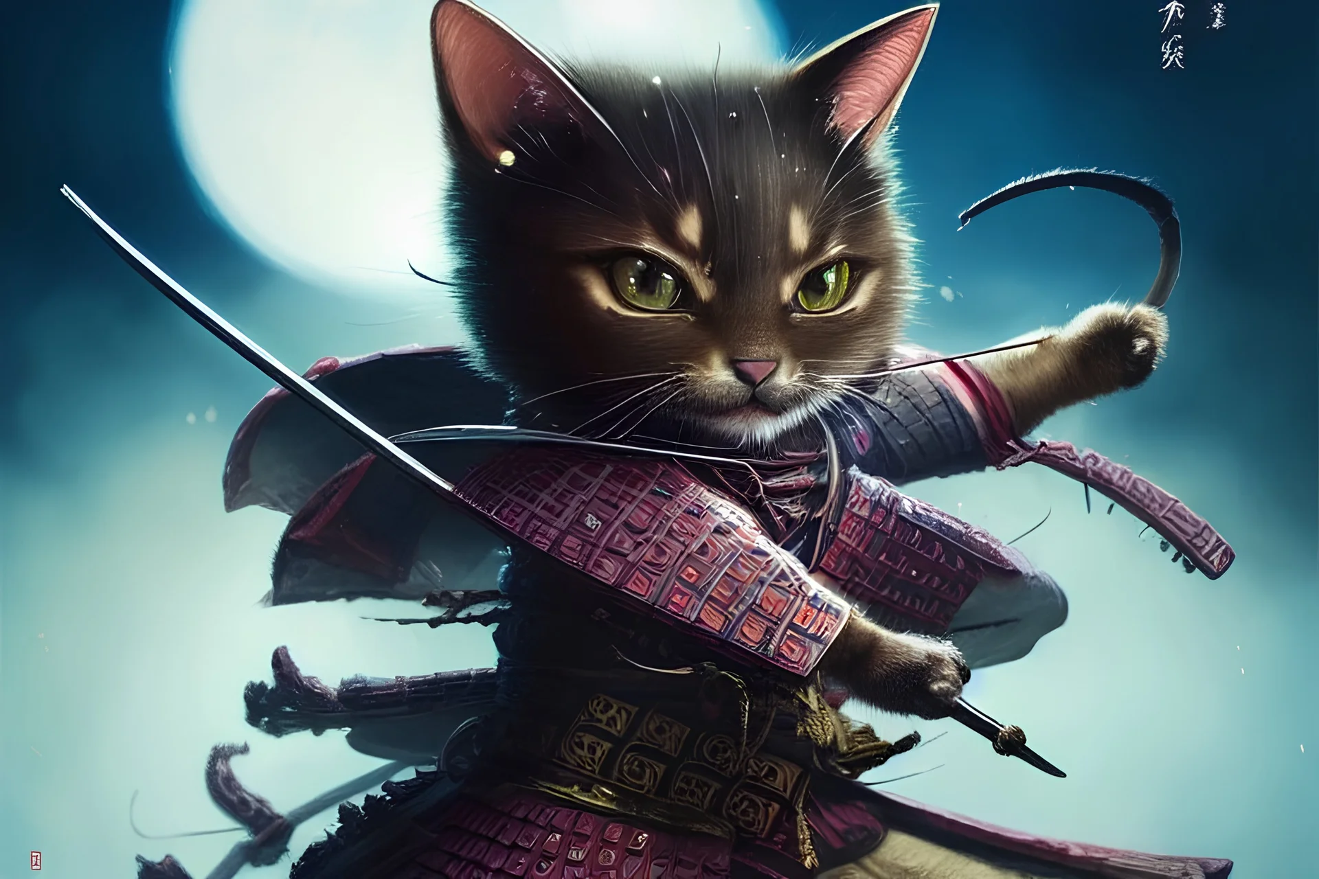 an adorable samurai chibi cat with traditional Japanese intricate clothes, a highly intricate and hyperdetailed drawing, Greg Rutkowski, Victo Ngai, Sakiyama, cover art, long exposure, cel-shaded, character design, 3d shading, 3DEXCITE, award-winning Epic cinematic brilliant stunning intricate meticulously detailed dramatic atmospheric maximalist