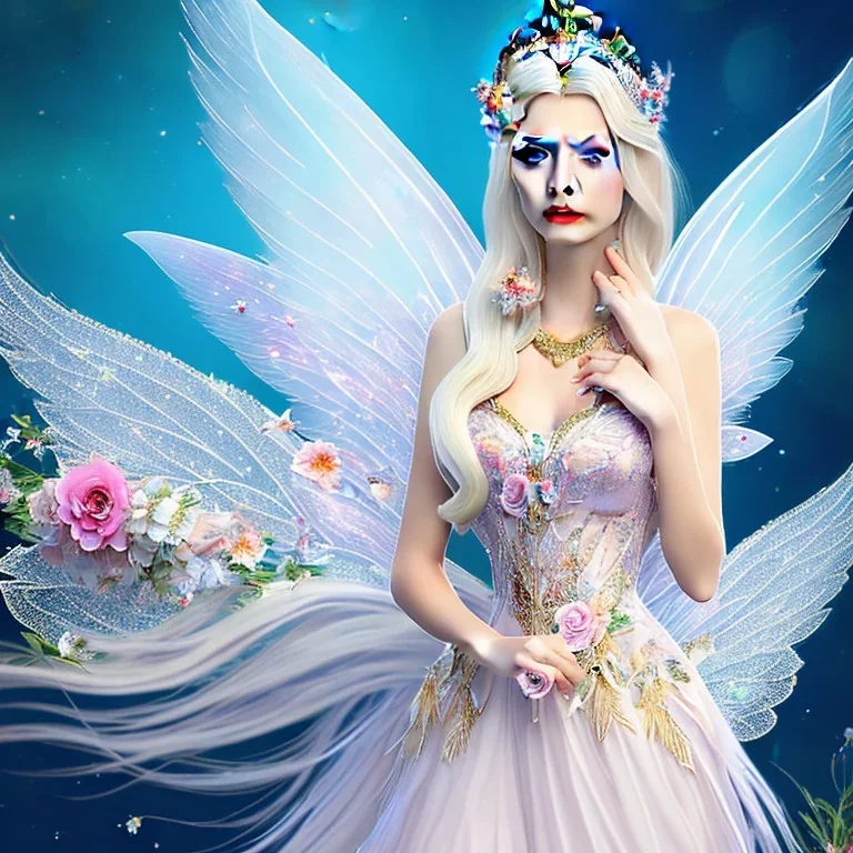 fantasy fairy with transparent wings, smiling, make up, long platinum blond hair with crown and flowers, arcoris dress