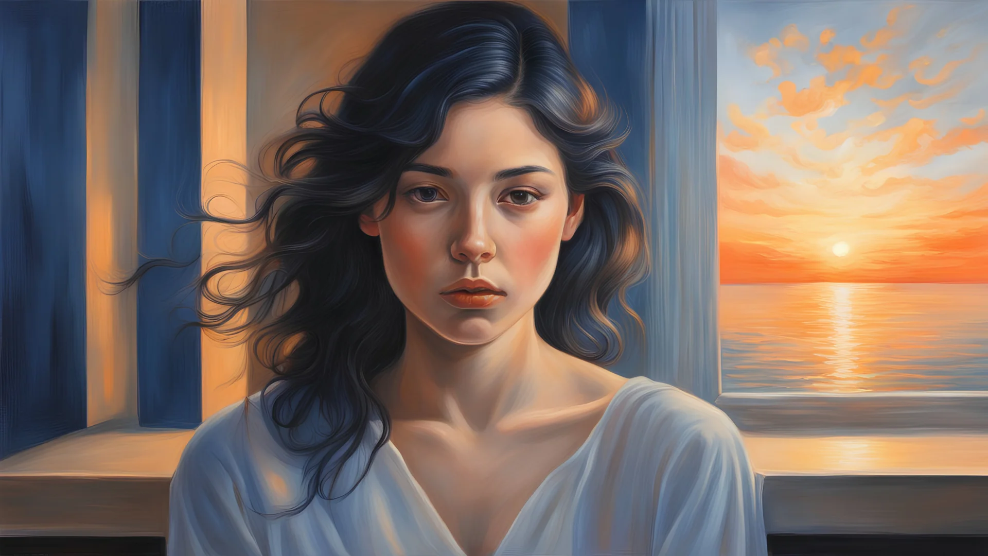 Hyperrealistic painting depicting a young woman with dark black hair. European appearance. The painting radiates an aura of exquisite taste and skillful craftsmanship. The background is a stunning combination of pale colors, dark blue and orange glowing from the light of sunset, influenced by an abundance of natural and artificial light. The overall atmosphere of the piece is cinematic and mesmerizing, drawing the viewer into its languid world. The painting depicts a ruined city. In the foregrou