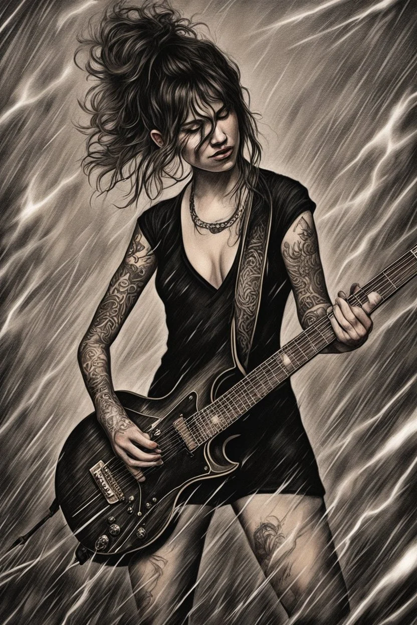 Tattooed arms sliced through a lightning-fast solo, fingers dancing nimbly across frets. Whenever Sabrina screeched a verse, Samantha echoed her anguished cries through her wailing notes. The crowd swayed hypnotically around them. But Samantha remained the blazing nexus at the eye of the storm. Eyes closed, she threw herself into each power chord with primal abandon. When the final crushing riff hit, Samantha unleashed a screaming solo to shake the rafters. Fingers blurred as her small form was