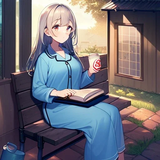 anime girl sitting on a porch swing of an old house, wearing pajamas, drinking a cup of coffee, writing in a book, its raining