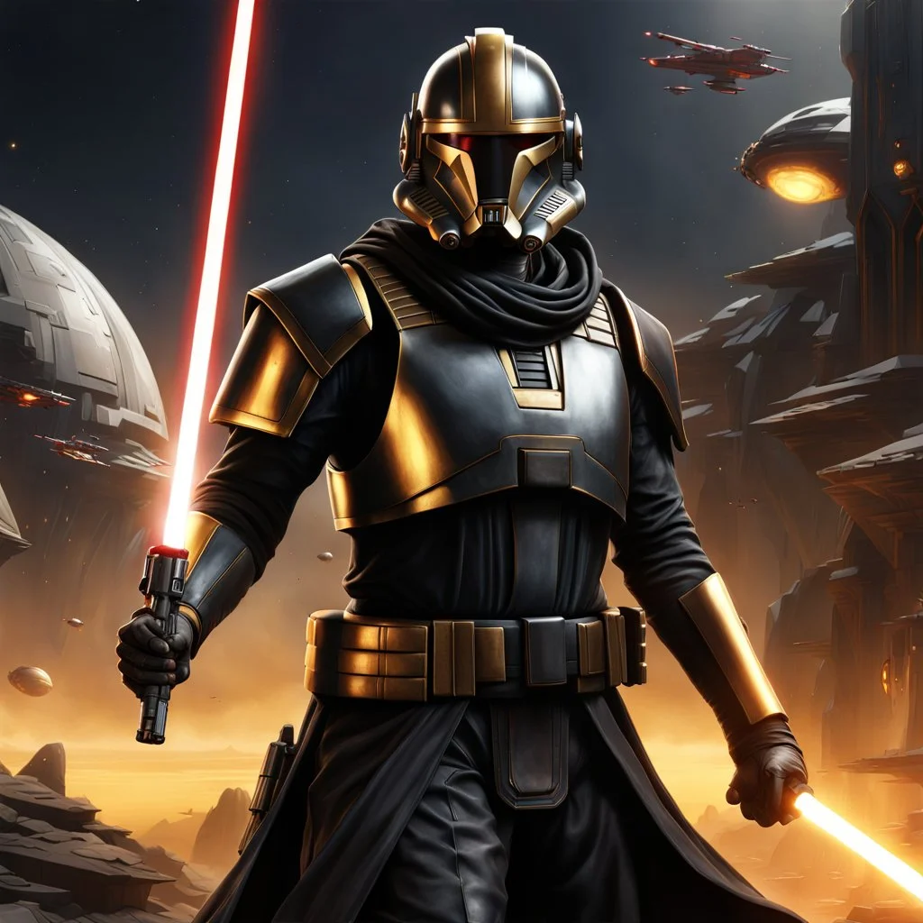 star wars bald male corellian pilot wearing pearlescent black and gunmetal grey First Order special forces heavy assault stealth commando armor and helmet with gold trim inside the jedi temple, hyperdetailed, dynamic lighting, hyperdetailed background, 8k resolution, volumetric lighting, light skin, fully symmetric details