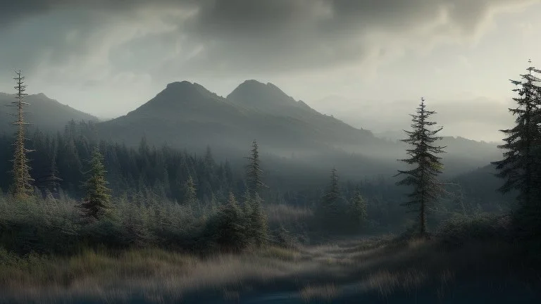 Cloudy dark sky, Distant epic mountains, trees