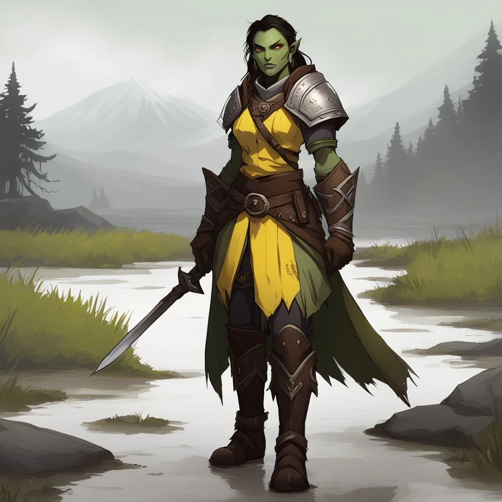 Griz the half-orc cleric with her leather boots on the mud ground. You recall her striking appearance: greenish skin marked with ritual scars, yellow eyes that burned with a rare intelligence. She was an outcast among her own kind, drawn to divine magic despite the taboos. Griz's yellow eyes follow your approach, her stance shifting subtly as you draw closer. The ritual scars on her arms pulse with a faint inner light.