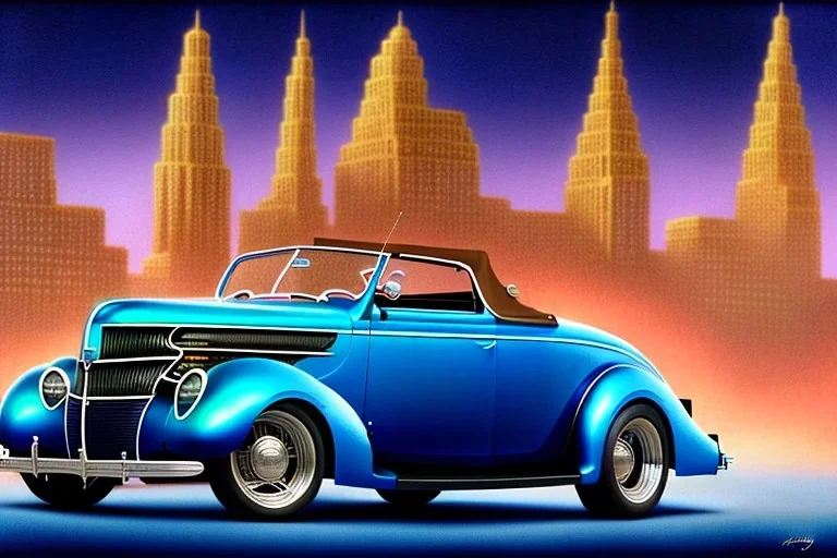 a true-to-life 1936 ford roadster, centered, intricate, extreme detailed, photorealism, center view, city background, pivot on ford, pen and color marker painting by cheryl kelley