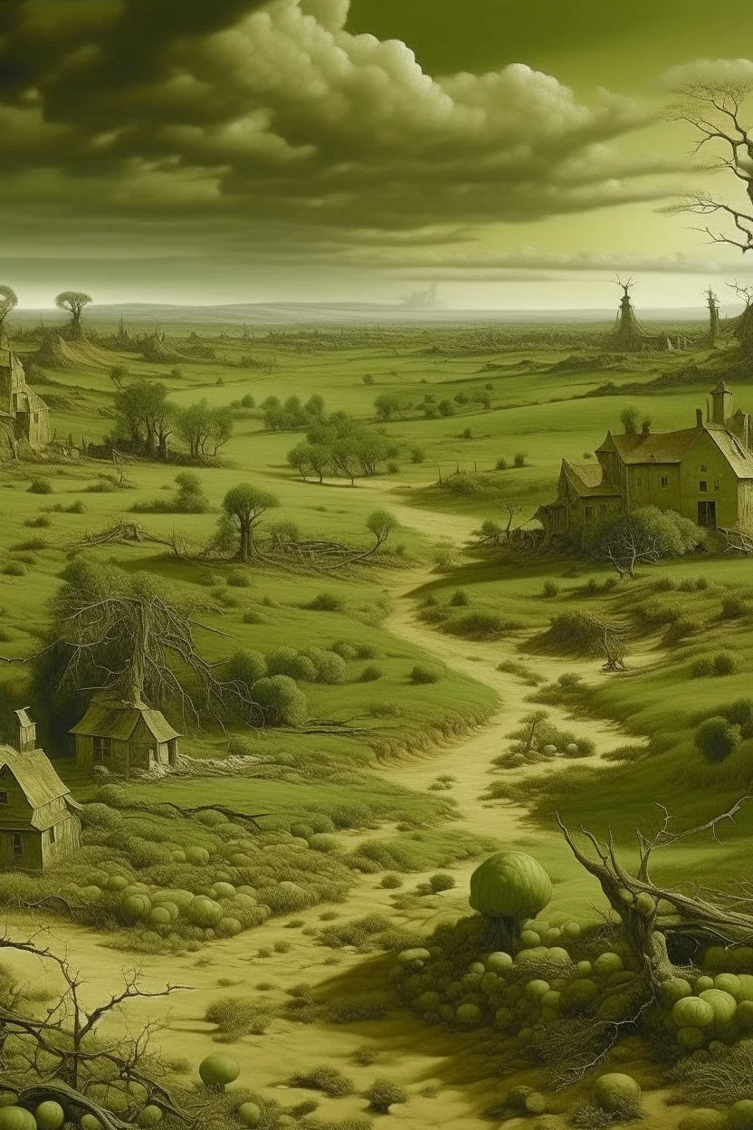 An olive green wasteland near an abandoned plague town painted by Edward Hicks