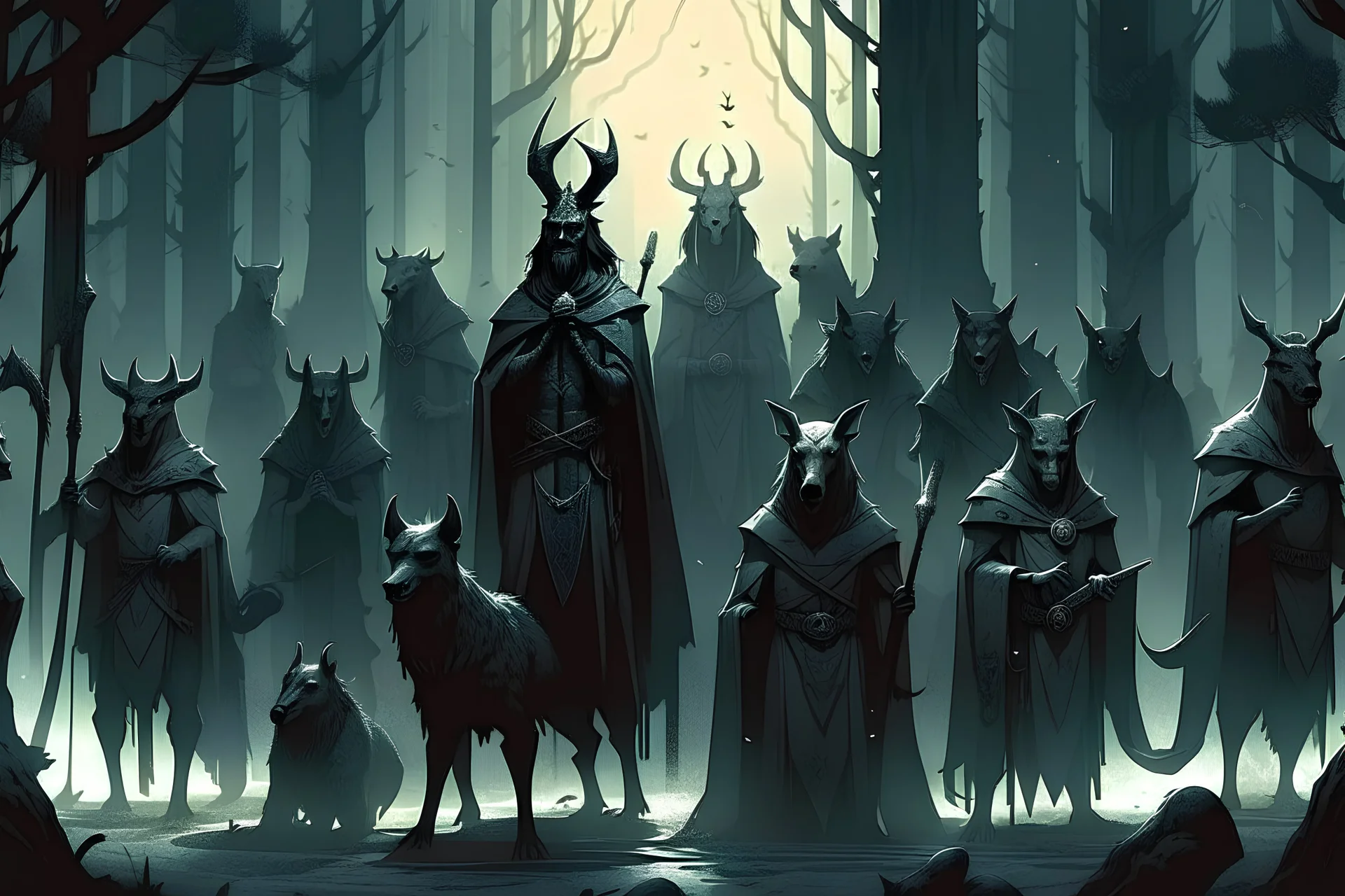 An army of dark ghosts and animals before a king
