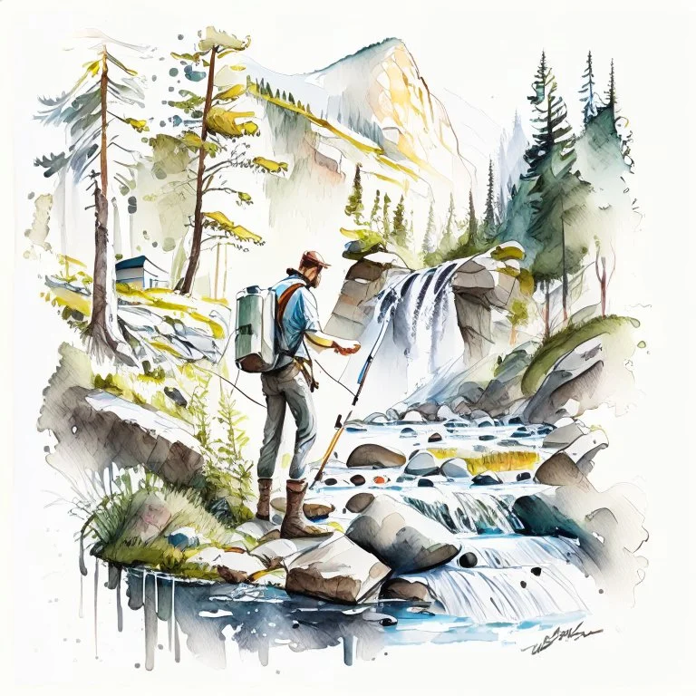 Illustrate a scene of an artist exploring the wonders of Norwegian nature, sketching, plain air amidst forests, waterfalls, and meadows, artistic style painting, white background