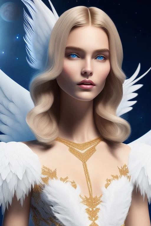 Flower, angel man, (detailed face )++, (detailed blue eyes)++ (long blond hair)++(pectoro visible)++(smile)++, , (two feathered wings on his shoulder blades)++, beautiful place, incredible, cosmic, colours, planet, gold, realistic, real photo, stars at night, detailed, high contrast, 8k high definition, unreal engine 5, extremely sharp details, (lighting effect, light background)++.