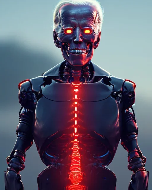 Terminator, Joe Biden as a Terminator,skeleton, evil, 8k, red glowing eyes, battle in background