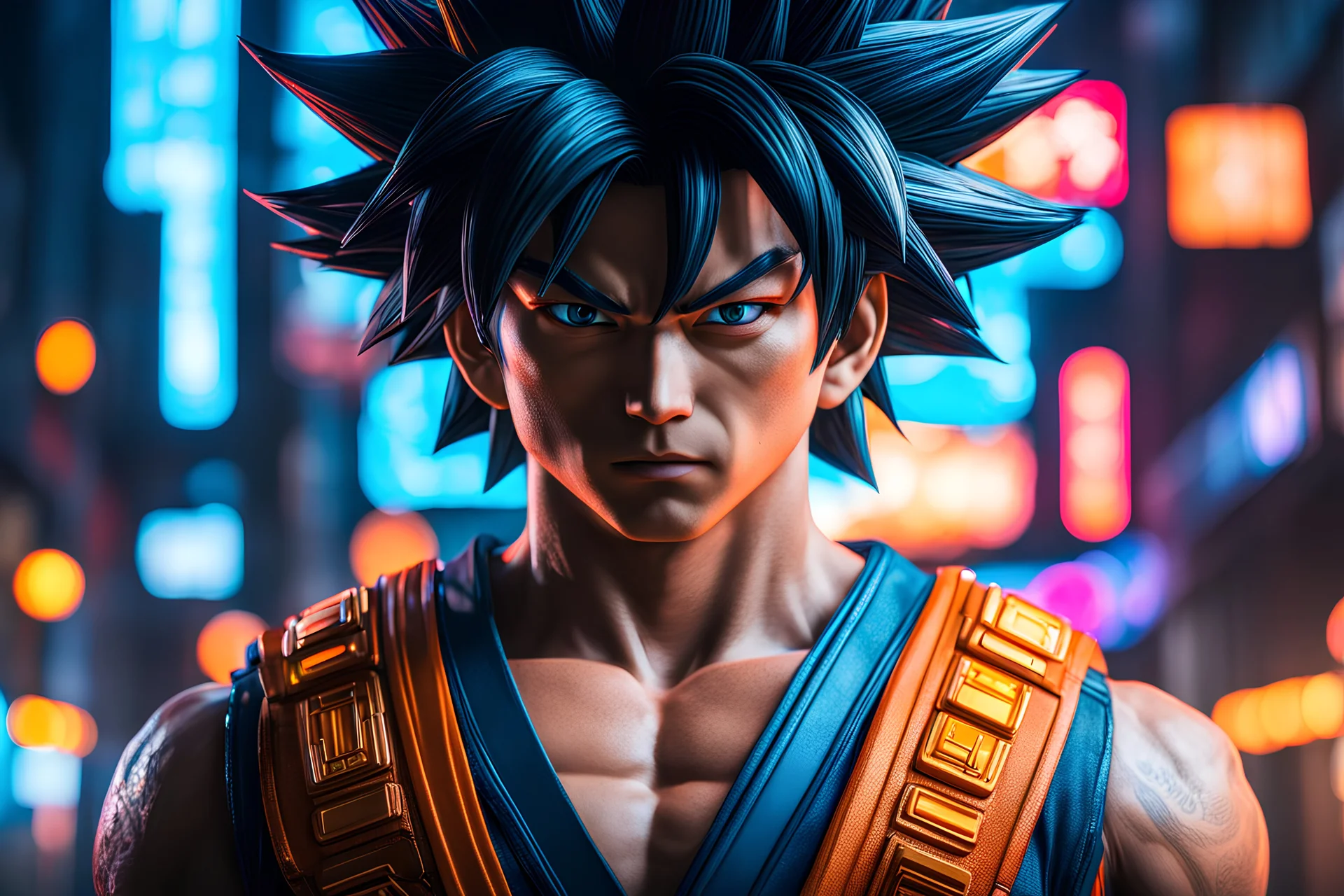 Goku in 8k live action anime artstyle, Young man, cyberpunk, dynamic pose, intricate details, neon lights , highly detailed, high details, detailed portrait, masterpiece,ultra detailed, ultra quality