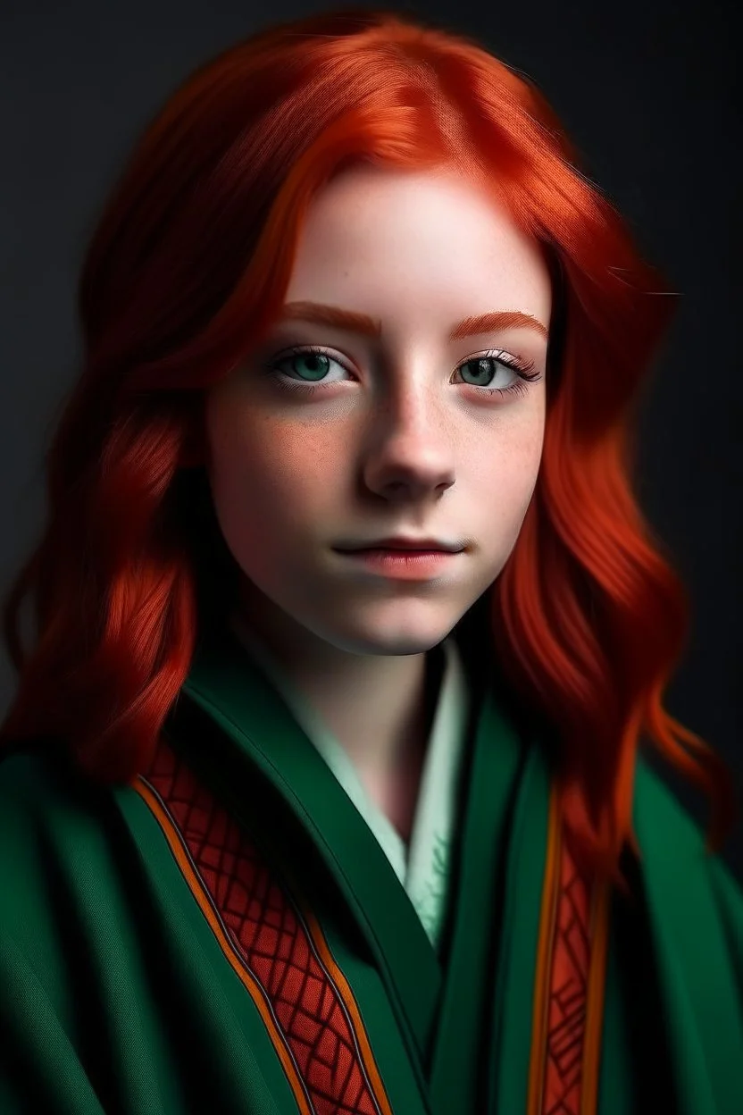 A girl with red hair and green eyes and she is wearing a Hogwarts robe