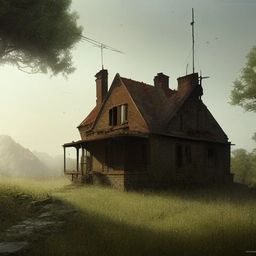 Abandoned house, brick walls, highly detailed, hill in the background, two windows on the front wall, with roof, concept art by Greg Rutkowski