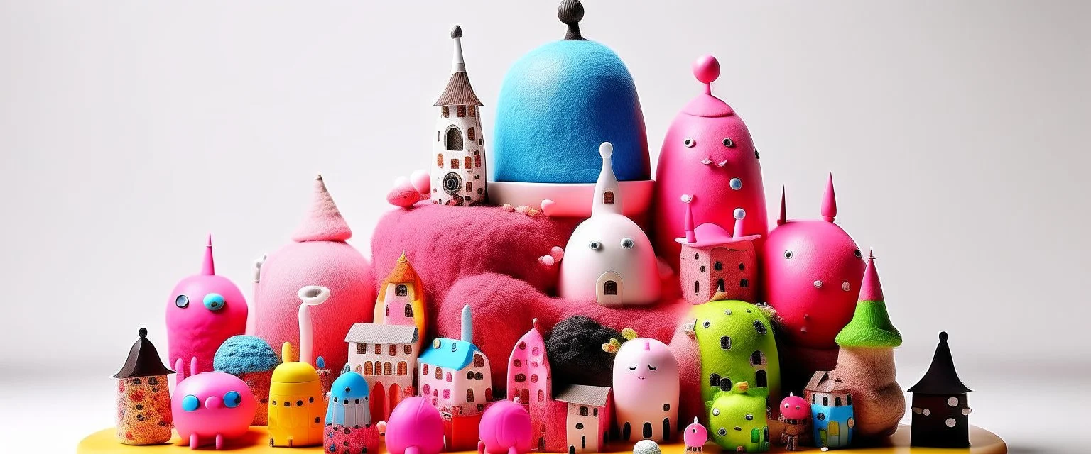 A light pink magical woolly town made out of toys painted by Joan Miro