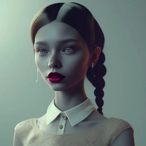 Wednesday as Jenna ortega, Peter dark Pan Collar Flare Dark Dress,vampy lipstick,Long Braids Wig, hyper detail, octane render, unreal engine 5, photorealistic, 8k resulation