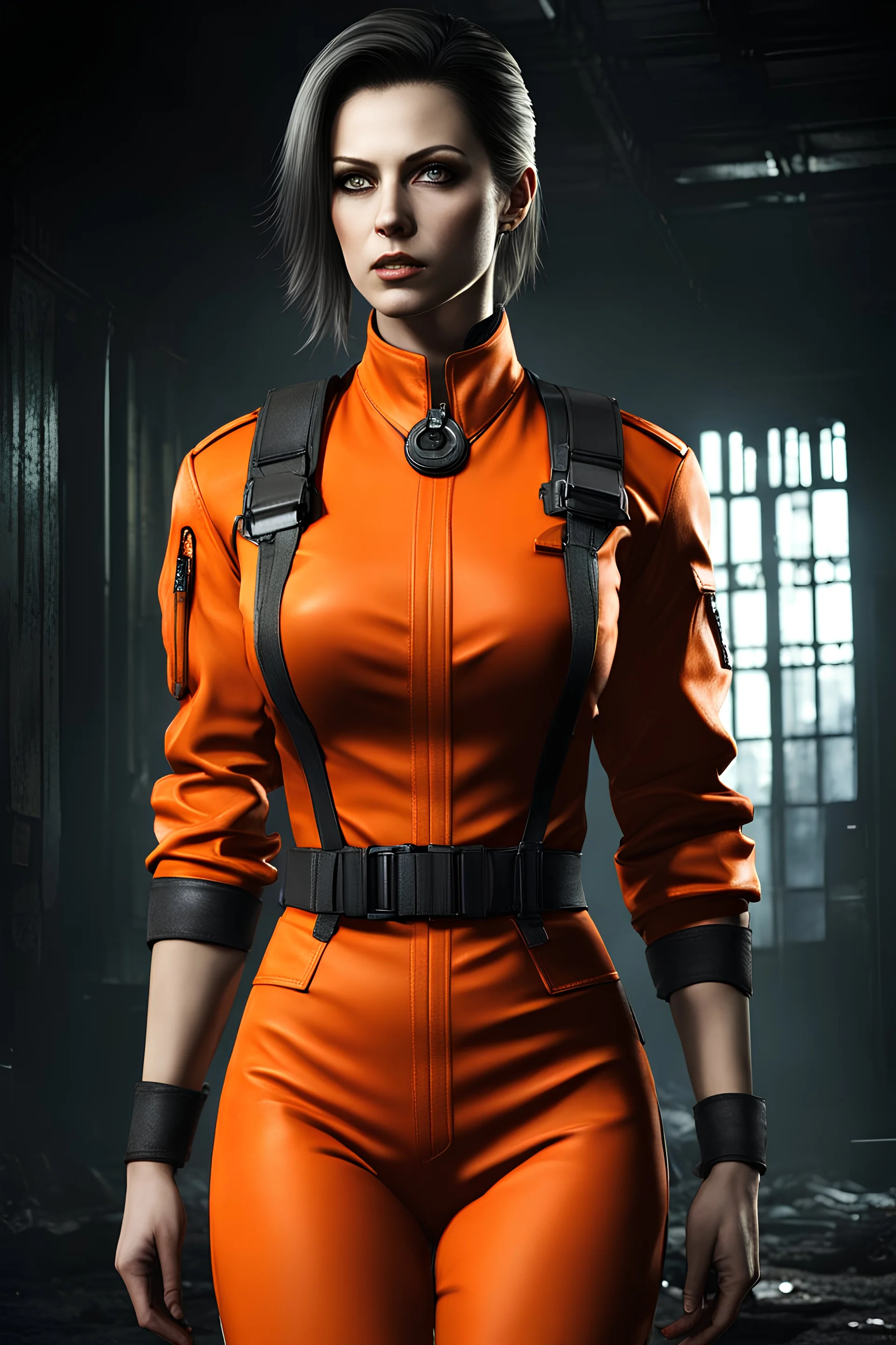 Alcina Dimitrescu From Resident Evil 8 As An Arkham Asylum Inmate, wearing an orange inmate jumpsuit, with a special collar to stop her from using her powers, digital art