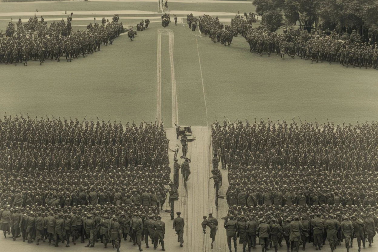 military parade; two columns of soldiers; birds eye view; soldiers marching