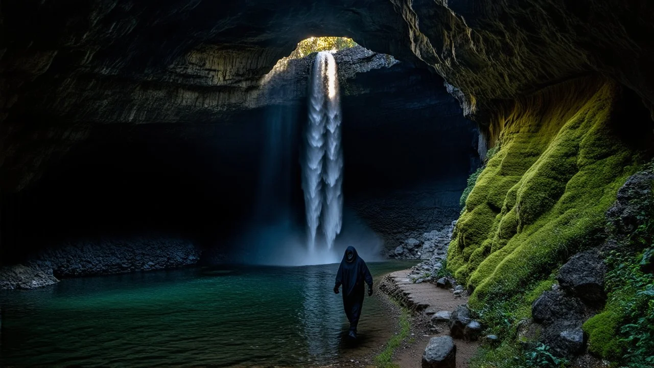 Interior of a large, natural cave. A tall waterfall cascades down one side, illuminated by a shaft of sunlight from above.a hooded figure is walking on a rocky path within the cave, further back from the waterfall, in a more dimly lit area. The path winds through the cave. Moss and other vegetation grow on the cave walls. Water pools below the waterfall. Photorealistic, 8k resolution, highly detailed, dramatic lighting, volumetric lighting