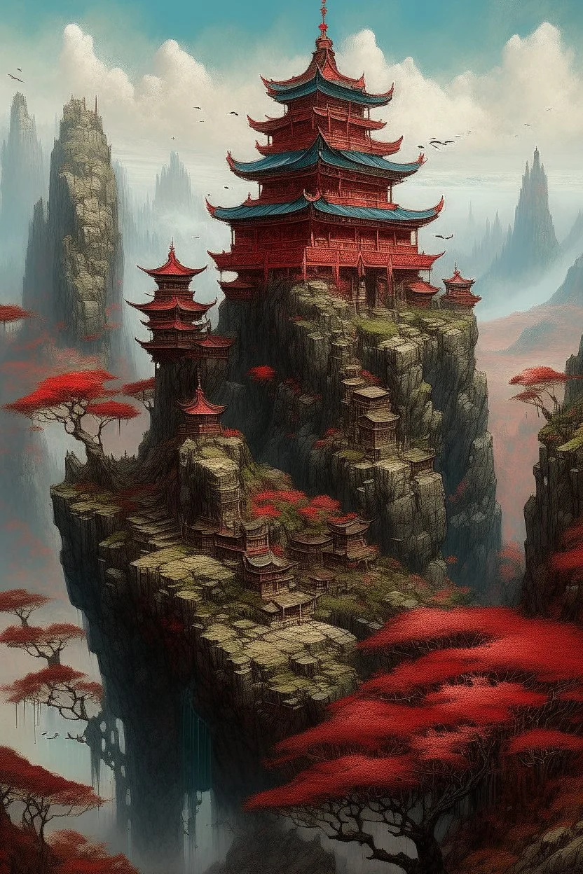 A dark red Eastern castle on the sky high mountain painted by Qiu Ying