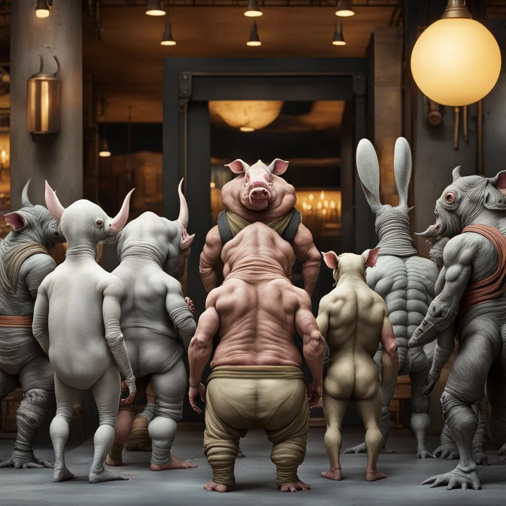 rear view of a lot of various creatures standing with back to the camera front to restaurante , some mutant strong pale color piglike alien, some creature strong gray anthropomorphic rhinoceros and others large amorph alien body creature, a squat bristled mutant, a pig-like creature, a mutant anthropomorphic rabbit with big eyes, in restorante door a big fat anthropomorphic frog standing wearing human clothes opposite to the camera, all creatures looking at frog, sci-fi, fantasy mood
