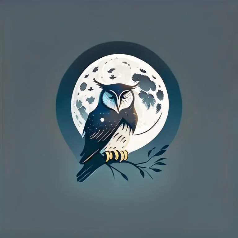 Owl + moon. Logo design minimalist. Soft colors. Dark