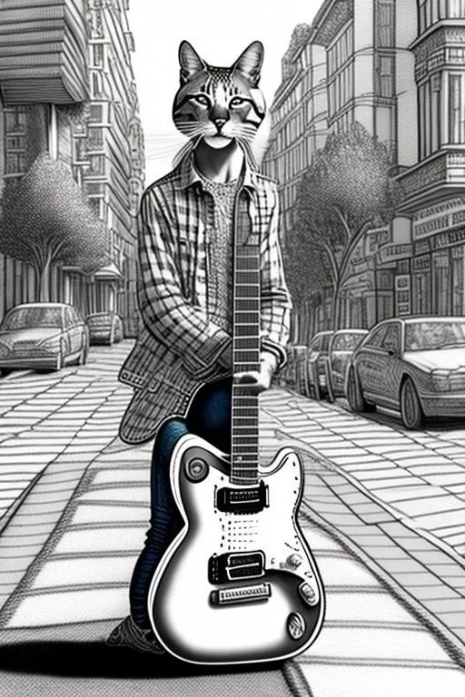 One single mature light cat, friendly, playing guitar in the street, sunny day, model style, hyper realistic, extremely accurate, delicate, extremely detailed, Graphic novel style, wide-angle, open aperture, superfine pencil