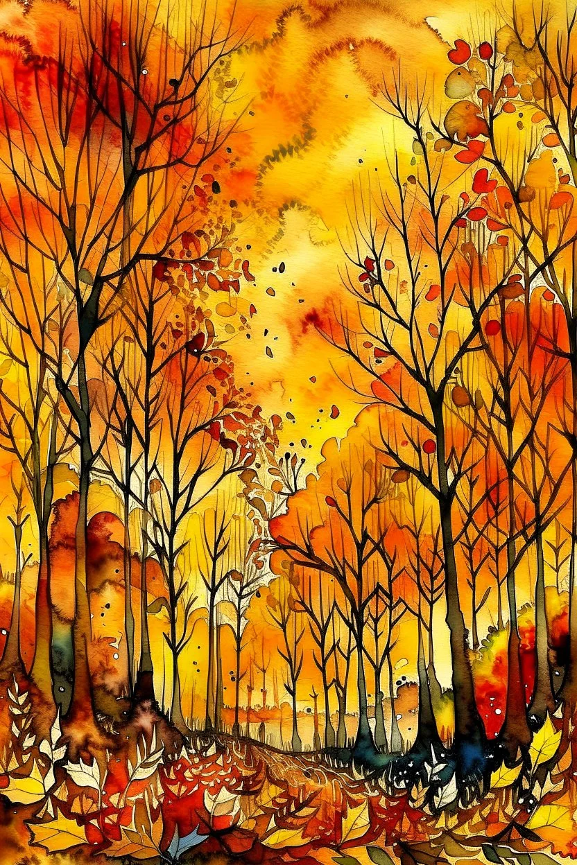 Golden autumn dream, beautiful forest, colourful trees, sunshine, sunset, watercolour and ink