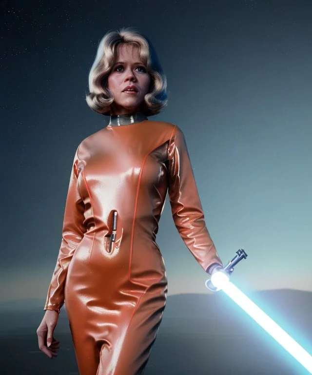 Ultra Realistic retro sci-fi portrait image from 1960, spaceship, sweet young Jane Fonda, dress with tight latex suit, lightsaber, soft color, highly detailed, unreal engine 5, ray tracing, RTX, lumen lighting, ultra detail, volumetric lighting, 3d, finely drawn, high definition, high resolution.