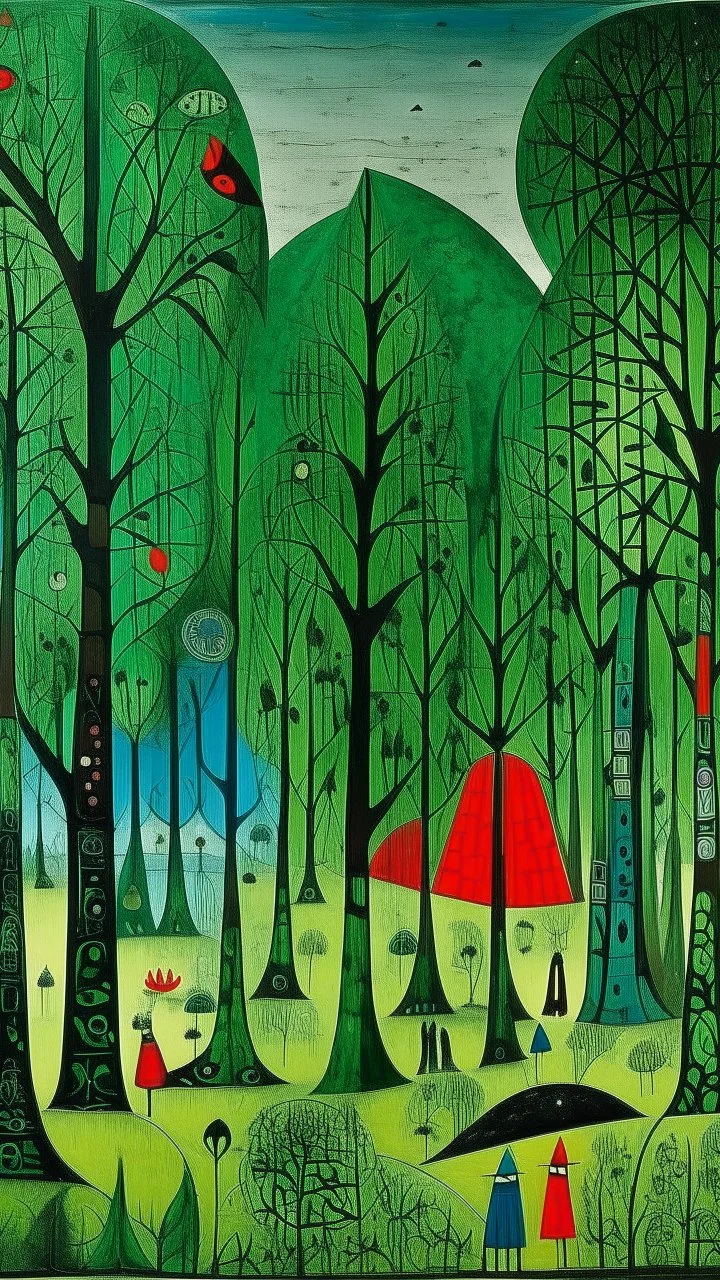 A green forest with giant trees designed in Mayan architecture painted by Joan Miro