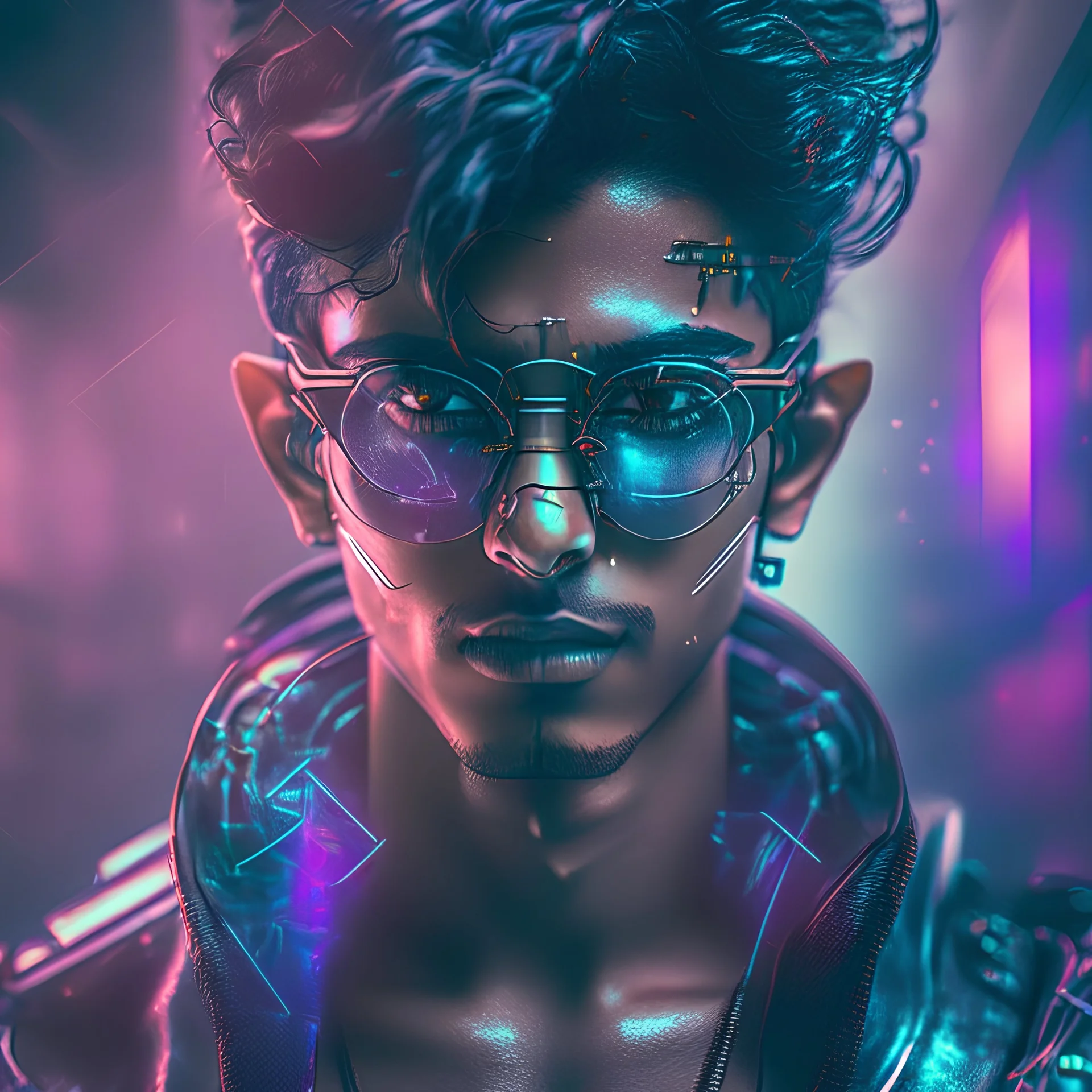 Indian cyberpunk young guy, with glasses, half cyborg, Better Technology, newer and faster Problems, sensual revolution, combination of Film noir, ray tracing, octane render