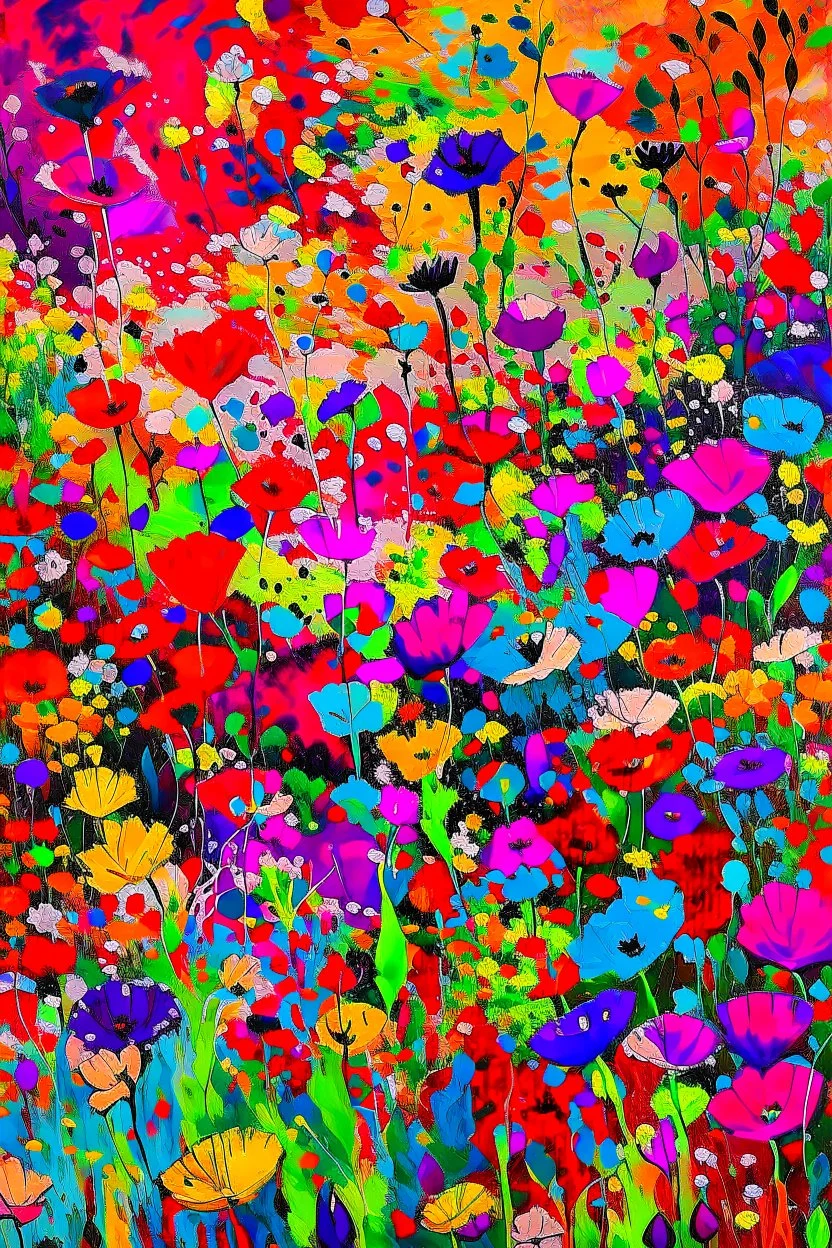A field of colorful flower, the return to innocence, abstract, weird, childlike, chaos80